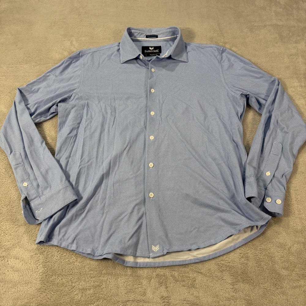 Buttercloth Mens Large Icy Cotton Regular Fit Blue Geometric Print Button Shirt